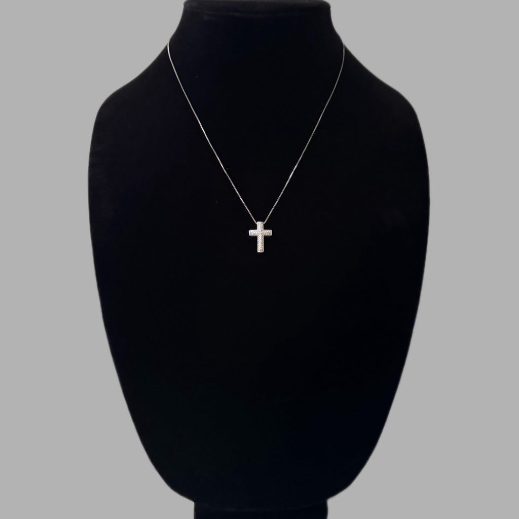Silver Diamond Cross Necklace 18" 0.8MM