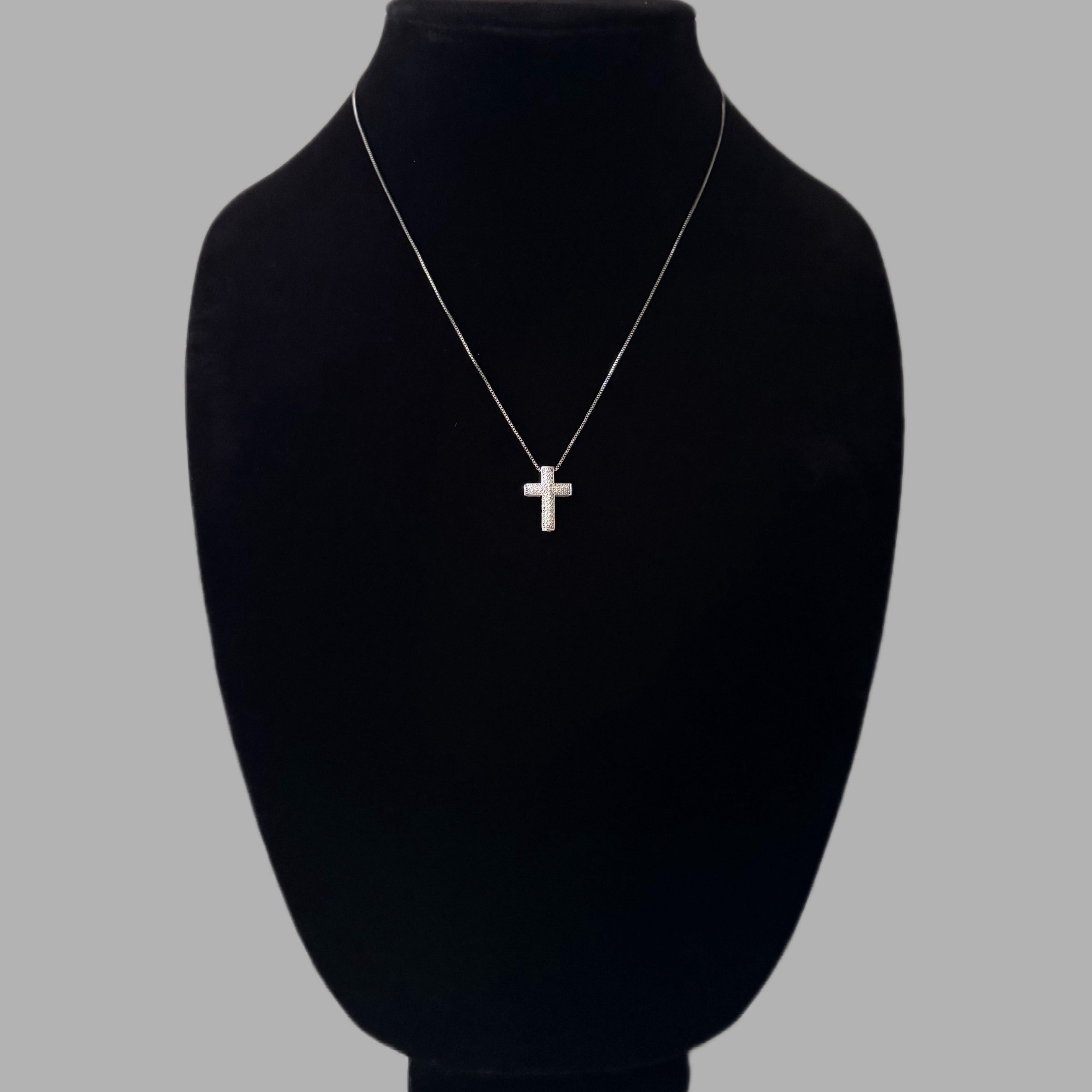 Silver Diamond Cross Necklace 18" 0.8MM