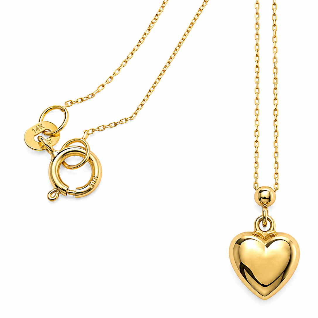 14K Yellow Gold Puff Heart Pendant on Cable Chain 16” .5MM