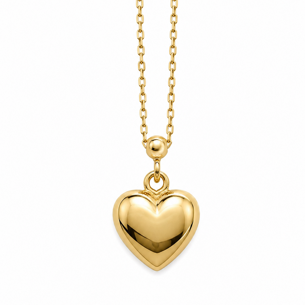 14K Yellow Gold Puff Heart Pendant on Cable Chain 16” .5MM