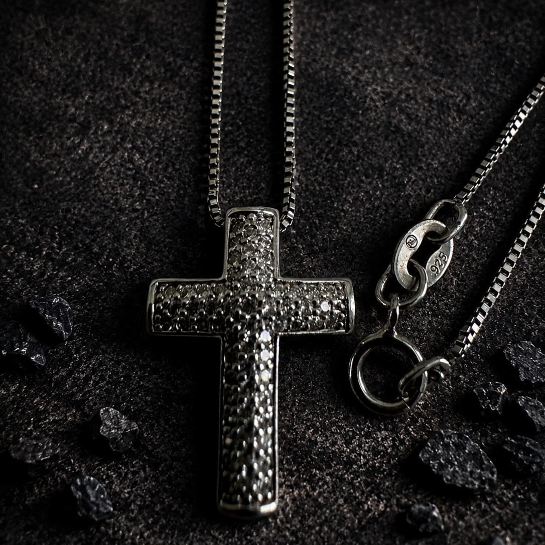 Silver Diamond Cross Necklace 18" 0.8MM