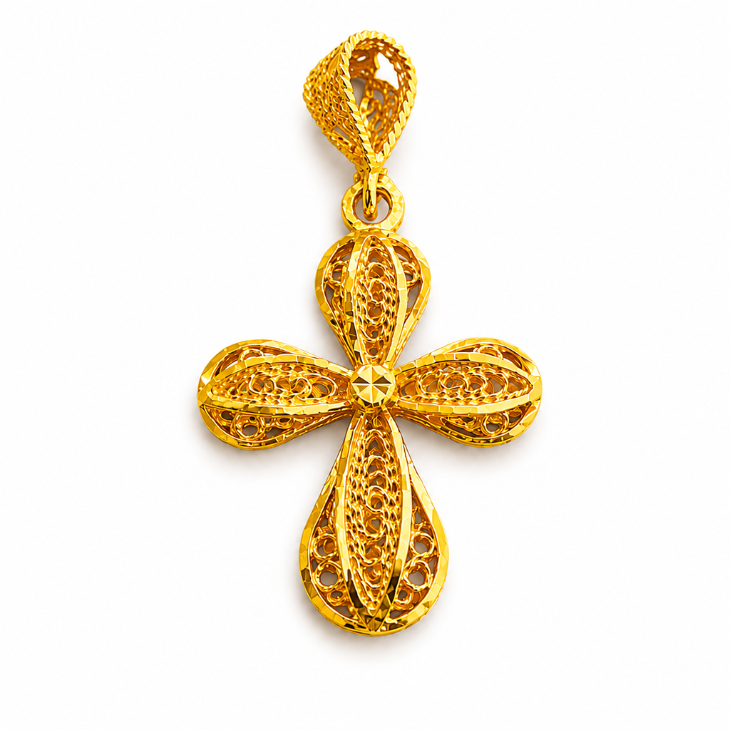 21K Yellow Gold Filigree Cross Pendant