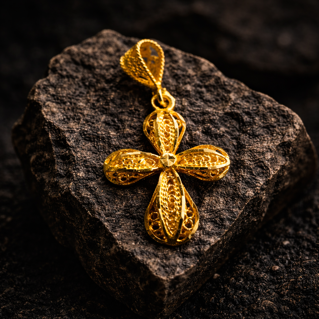21K Yellow Gold Filigree Cross Pendant