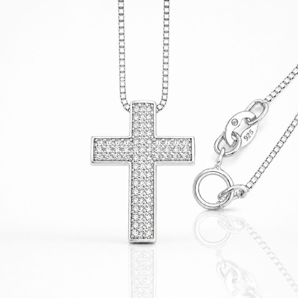 Silver Diamond Cross Necklace 18" 0.8MM