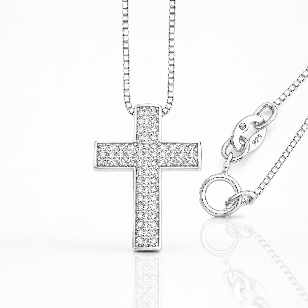 Silver Diamond Cross Necklace 18" 0.8MM