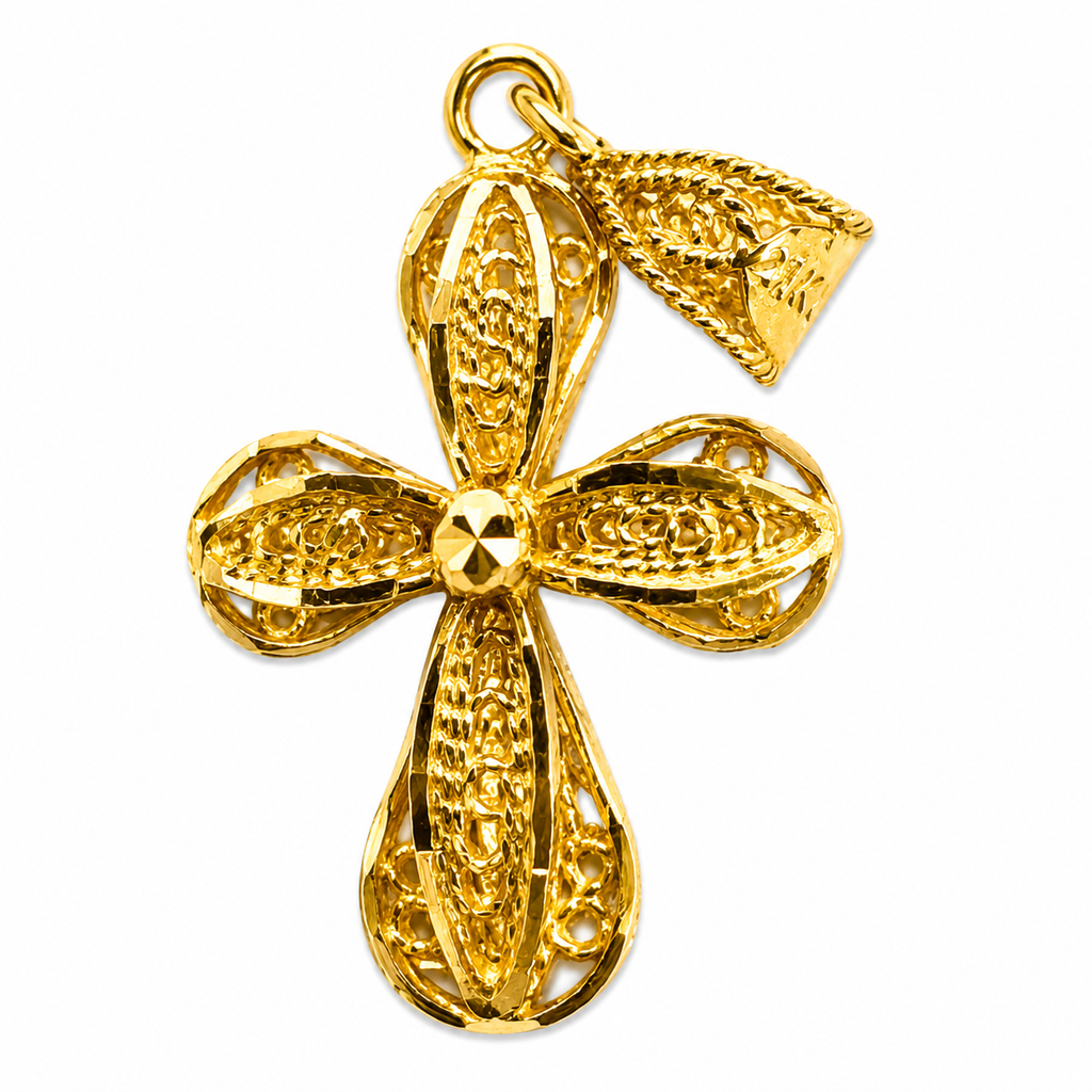 21K Yellow Gold Filigree Cross Pendant