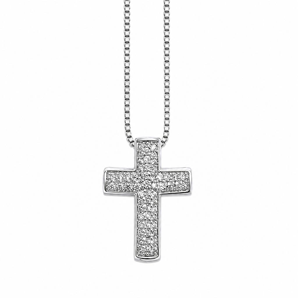 Silver Diamond Cross Necklace 18" 0.8MM