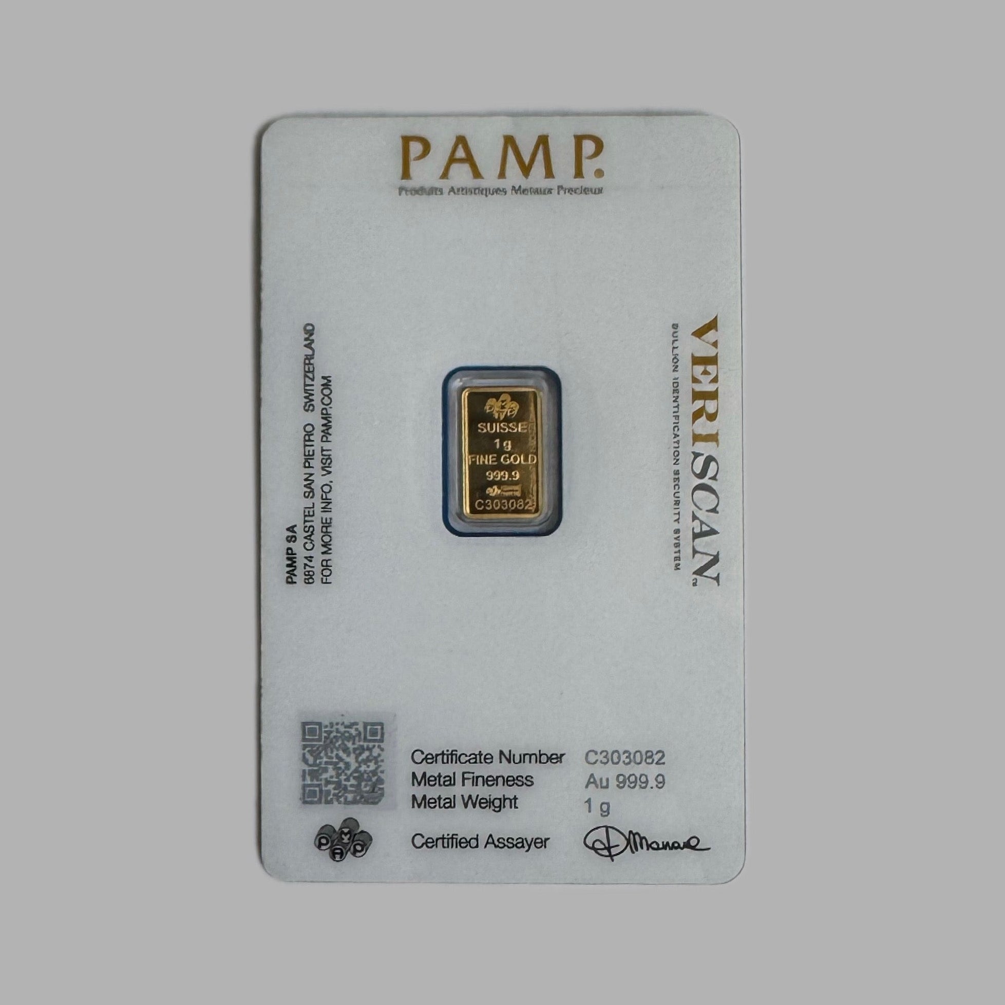 PAMP Suisse 999.9 Fine Gold Veriscan Certified Bar 1G