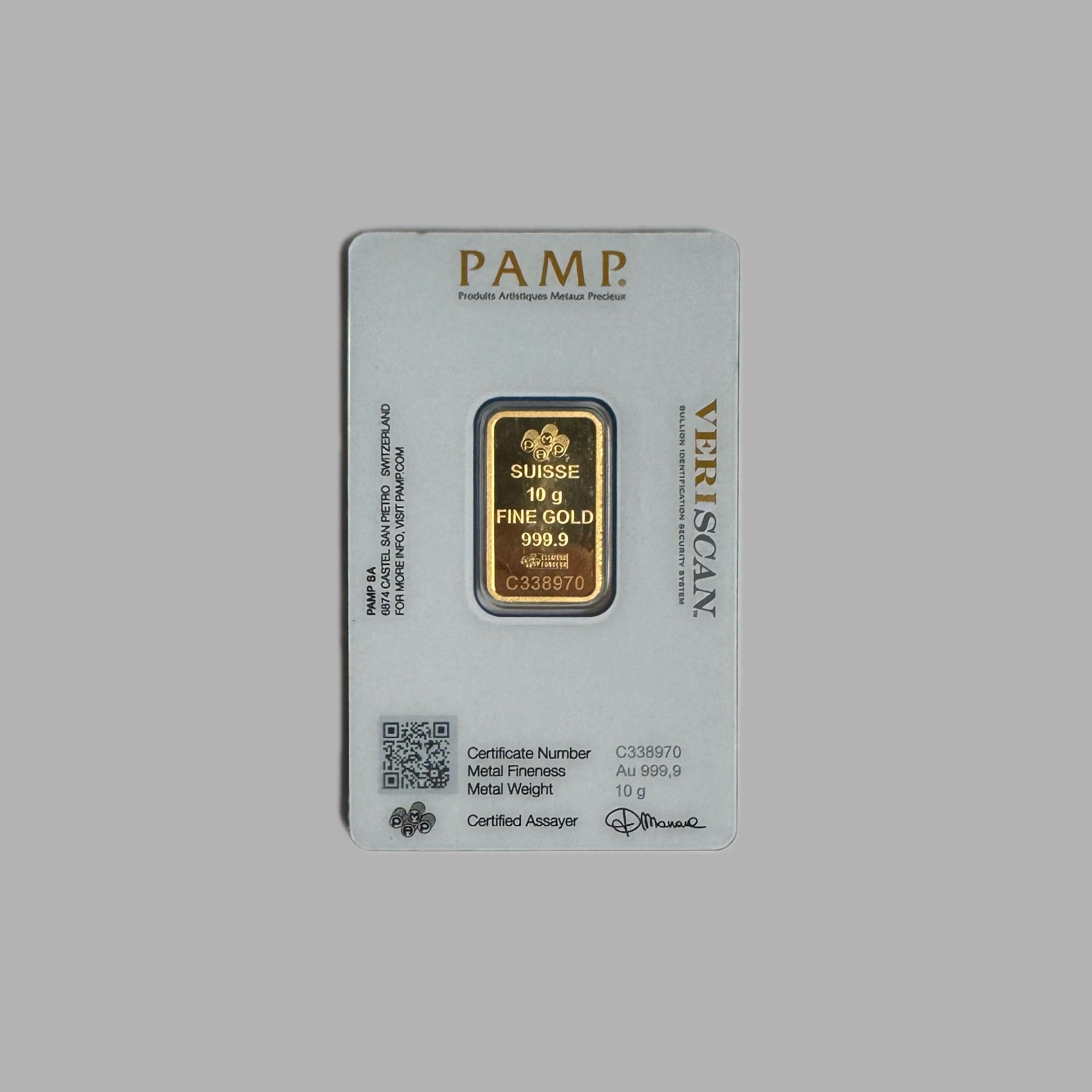 PAMP Suisse 999.9 Fine Gold Veriscan Certified Bar 10G